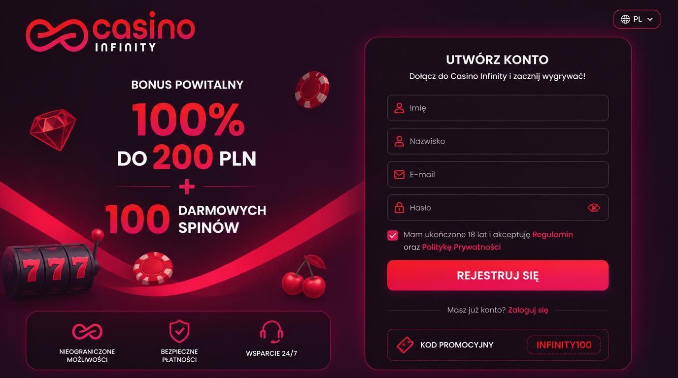 ekran powitalny Casino Infinity z promocją dla nowych graczy