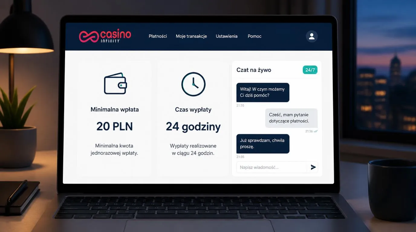 Panel płatności z depozytem 20 PLN, wypłatą w ciągu 24 godzin i czatem dostępnym całodobowo