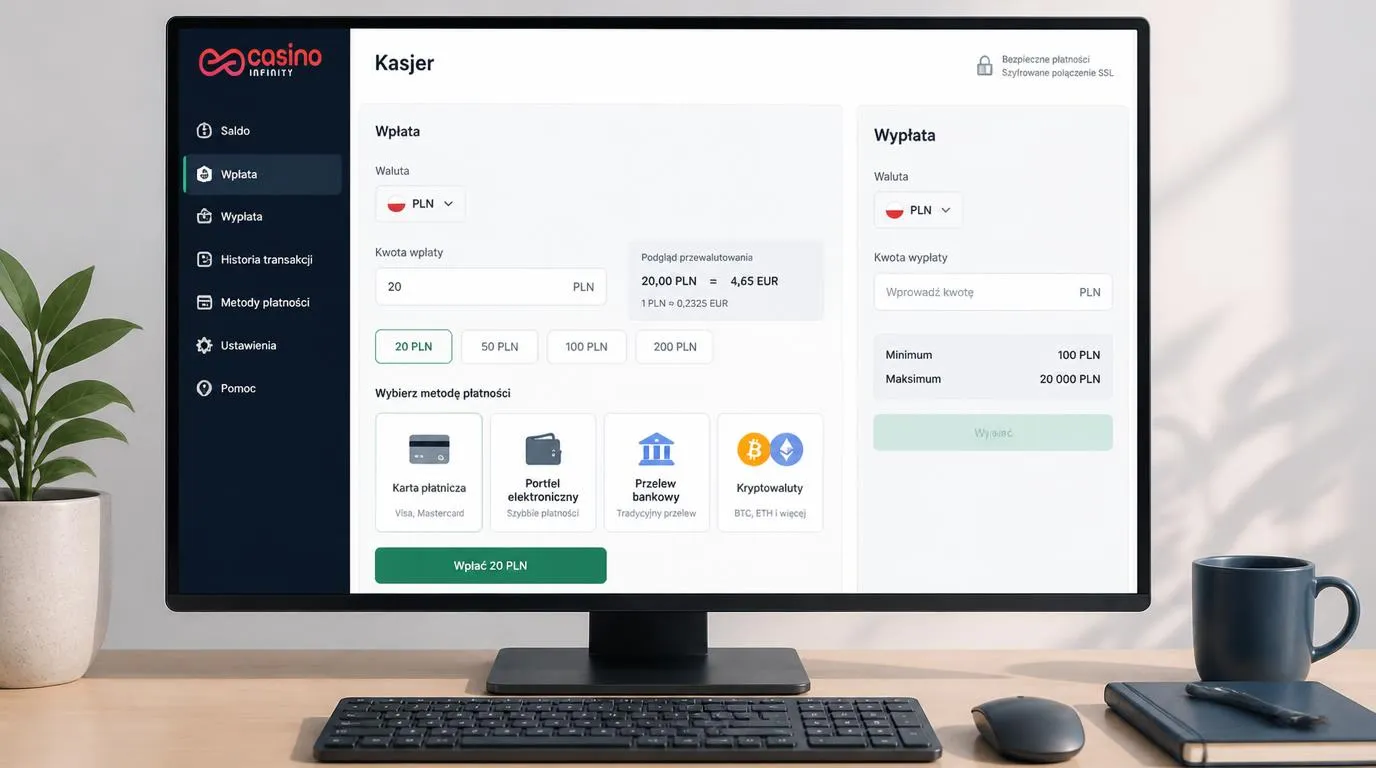 Panel kasy z saldem w PLN, wyborem karty, portfela elektronicznego i przelewu oraz progami wpłat i wypłat