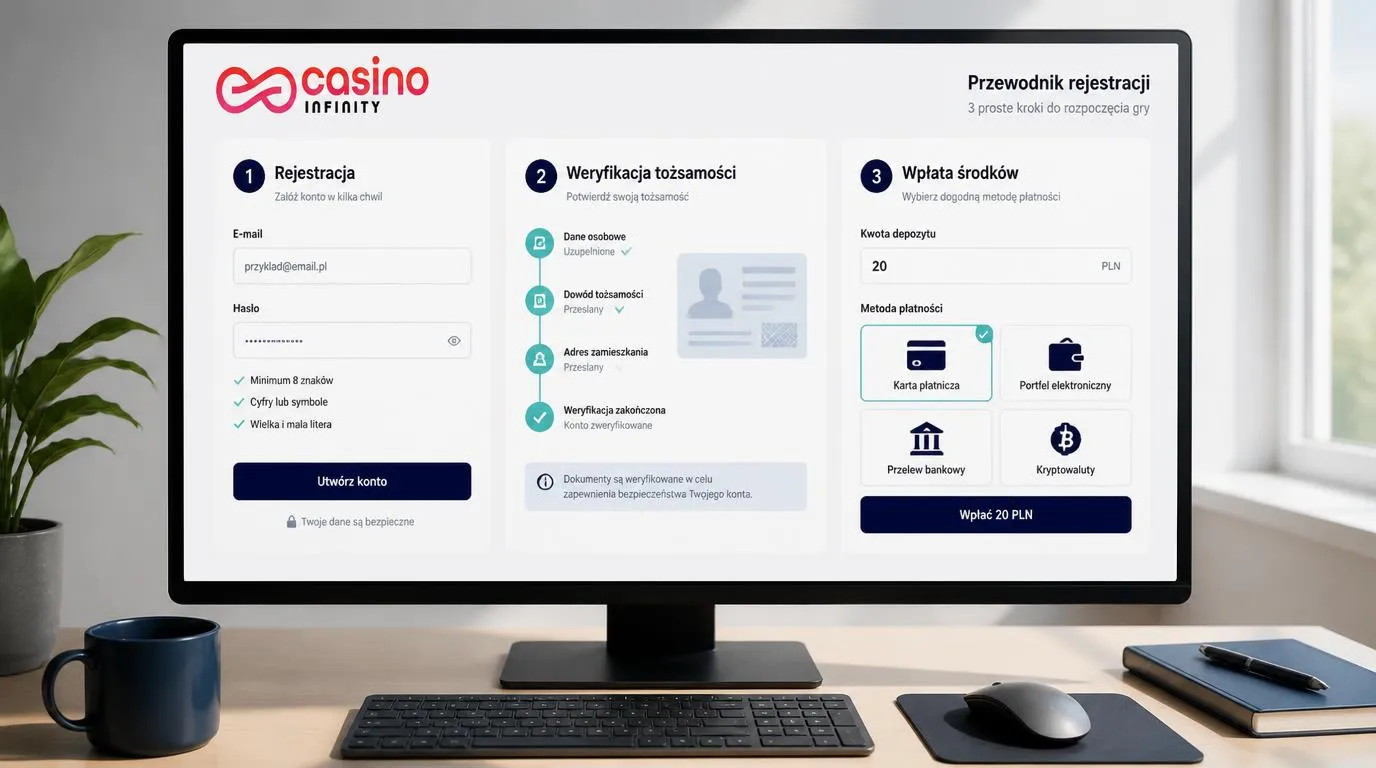 Ekran rejestracji, weryfikacji tożsamości i kasy z wyborem płatności oraz kwotą 20 PLN